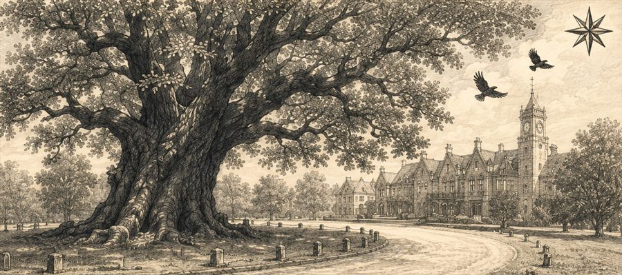 The drive up to St Elowen's on an autumn afternoon, with the Great Elm at the gate and the house beyond.