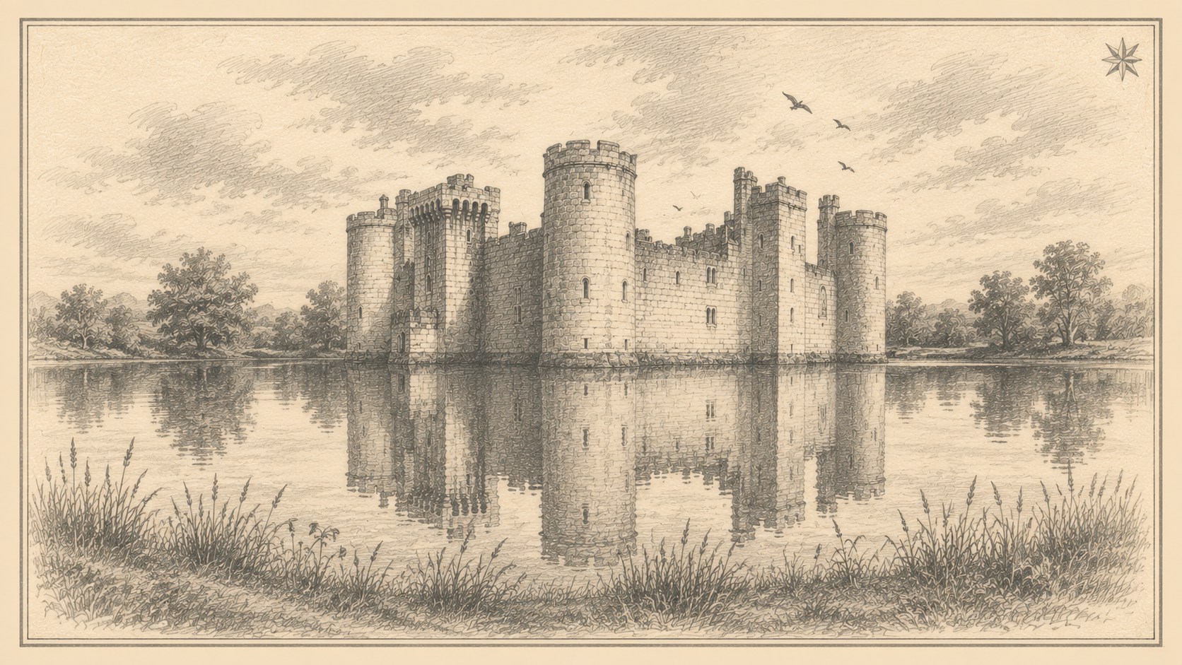 Bodiam Castle in East Sussex, its round towers and battlements reflected in the still water of the moat that surrounds it, with reed grass along the near bank.