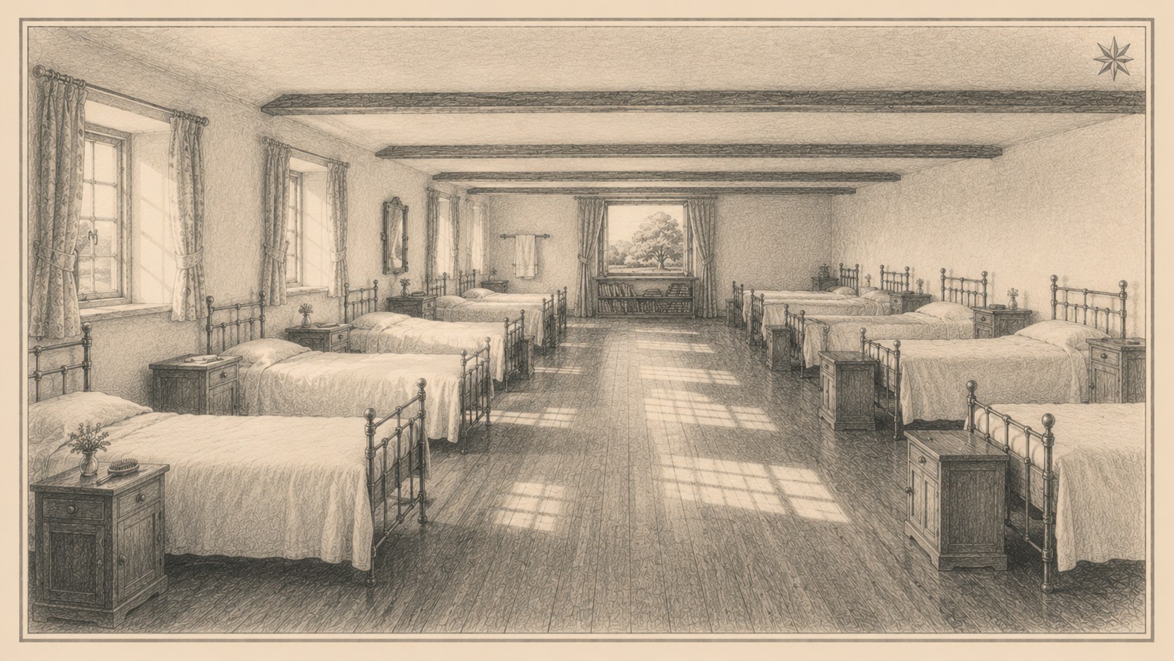 An Elm dormitory at St Elowen&rsquo;s, rows of iron-framed beds with pale green blankets down each side of a long, sunlit room with beamed ceilings and tall windows.