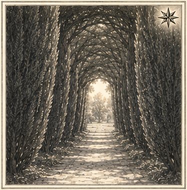 A long walk between tall clipped trees, arched overhead, with open parkland at its far end.