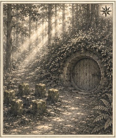 A round green door set into a mossy bank, with two ivy-curtained windows like sleepy eyes.