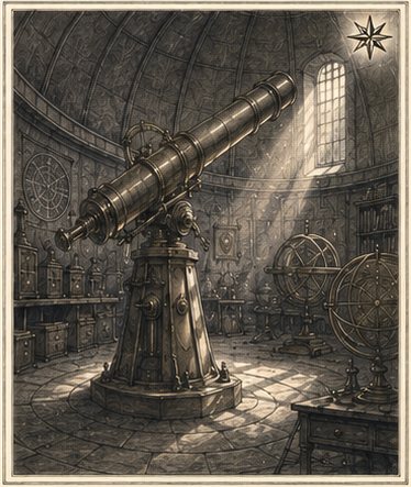 The observatory at the top of the tower, its great brass telescope trained on the sky.