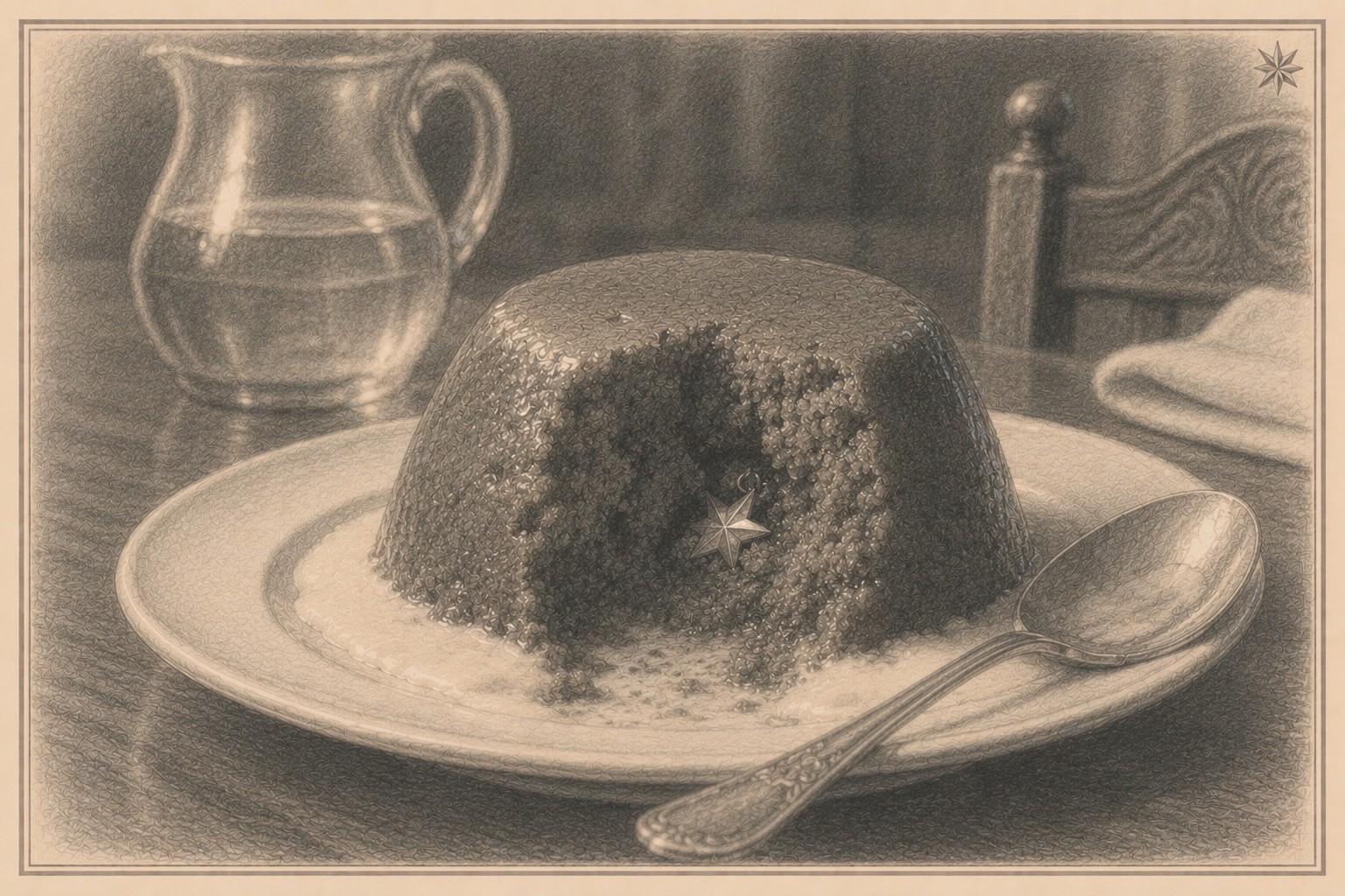 A steamed pudding on a plate, cut open to reveal a small silver star charm hidden inside, with a jug and a spoon set beside it on a polished table.