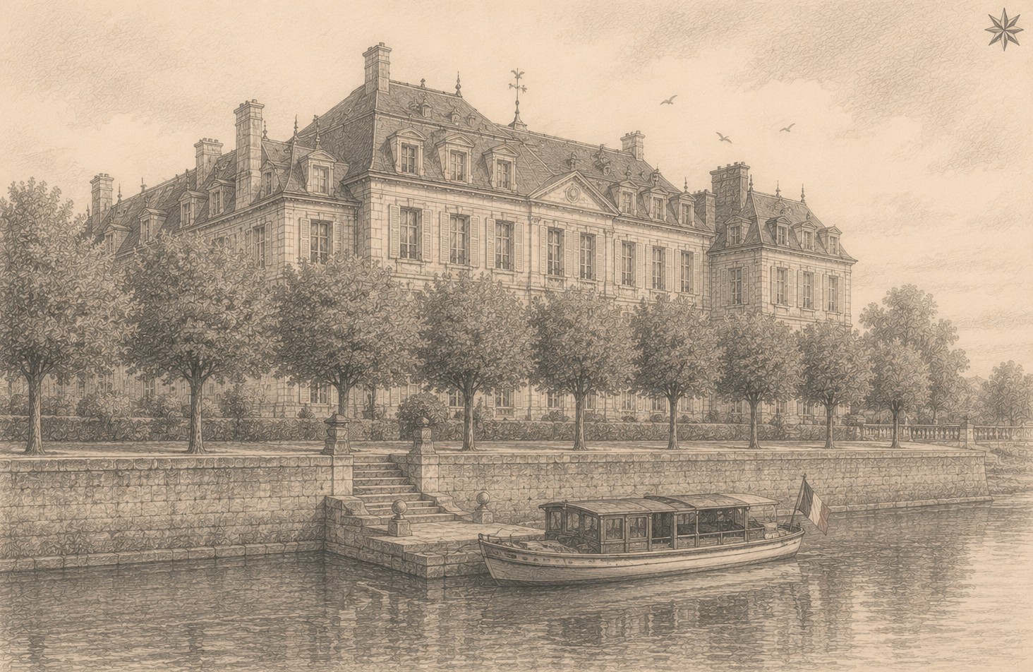 The Institut Sainte-Colombe on the banks of the Seine outside Paris: a long grey-stone chateau with dormered roofs and chimneys behind a line of trees, above a stone quay where a small boat is moored on the water.